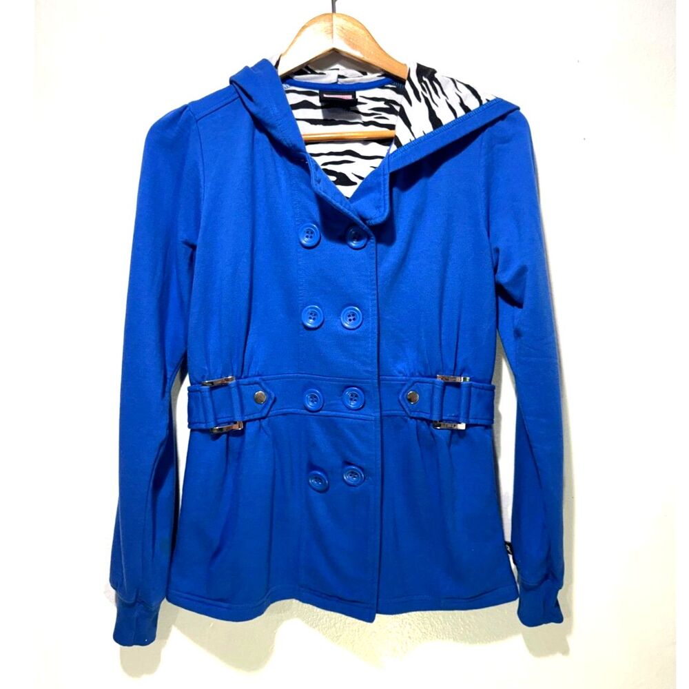 VTG LA Kitty hooded jacket Y2K double breasted blue animal print women L Jr.